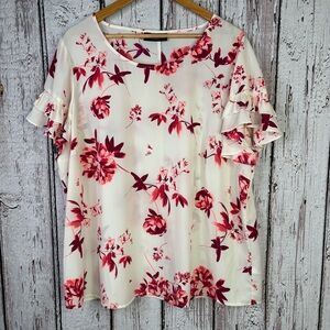 Lane Bryant Plus Size 20 Flutter Sleeve Crew Neck Top Blouse Floral Print Ruffle